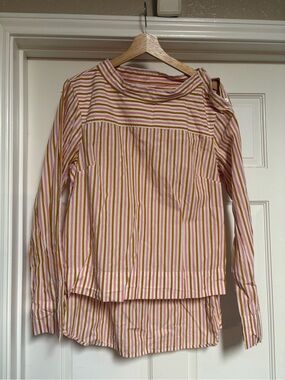 This is a J.Crew funnelneck top in cotton poplin with pink & mustard stripe